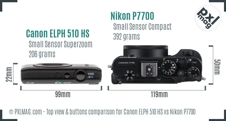 Canon ELPH 510 HS vs Nikon P7700 top view buttons comparison