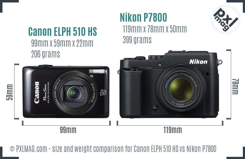 Canon ELPH 510 HS vs Nikon P7800 size comparison Canon ELPH 510 HS vs Nikon P7800 size comparison