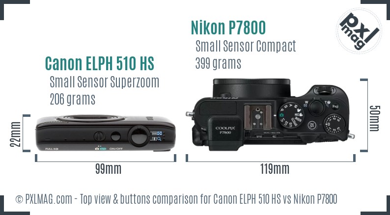 Canon ELPH 510 HS vs Nikon P7800 top view buttons comparison