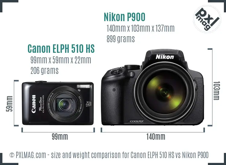 Canon ELPH 510 HS vs Nikon P900 size comparison Canon ELPH 510 HS vs Nikon P900 size comparison