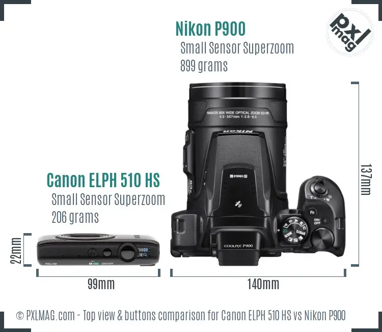 Canon ELPH 510 HS vs Nikon P900 top view buttons comparison Canon ELPH 510 HS vs Nikon P900 top view buttons comparison
