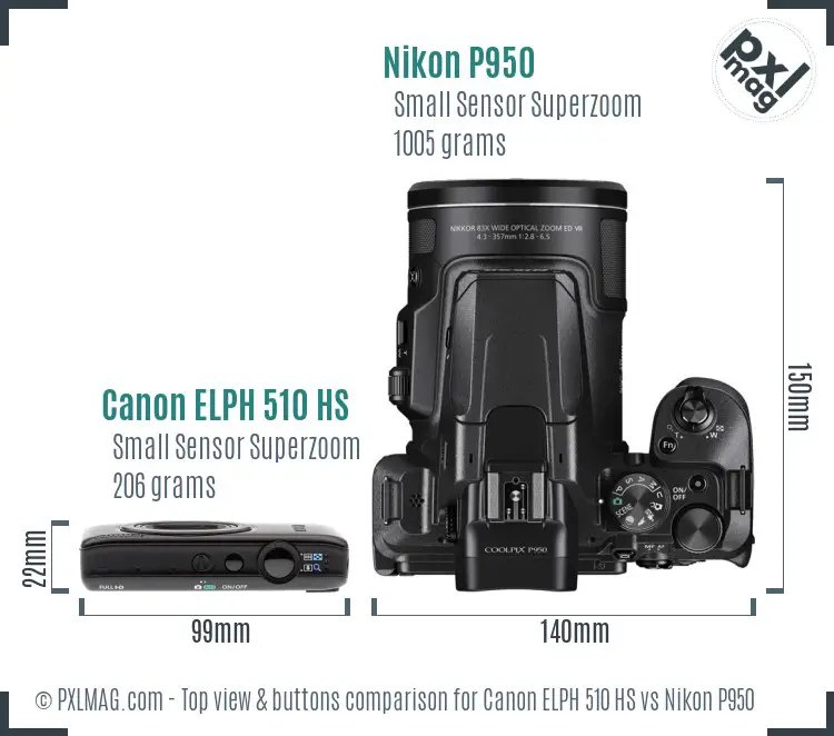Canon ELPH 510 HS vs Nikon P950 top view buttons comparison