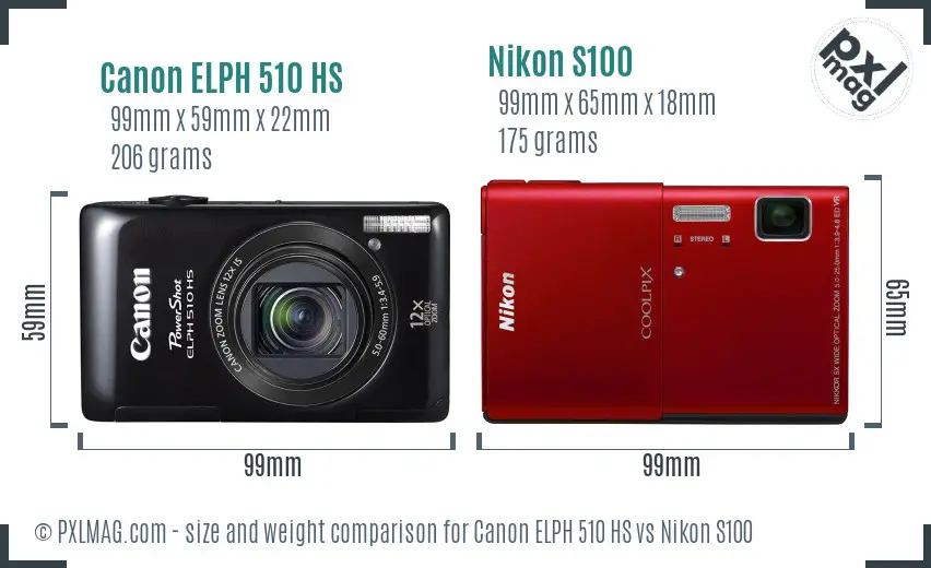 Canon ELPH 510 HS vs Nikon S100 size comparison Canon ELPH 510 HS vs Nikon S100 size comparison