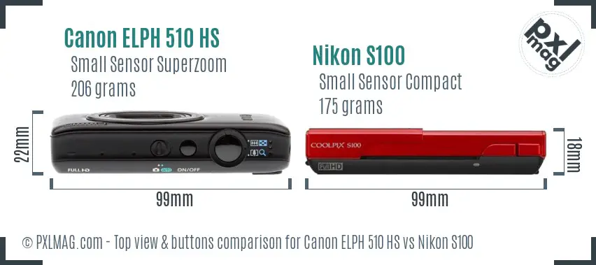 Canon ELPH 510 HS vs Nikon S100 top view buttons comparison Canon ELPH 510 HS vs Nikon S100 top view buttons comparison