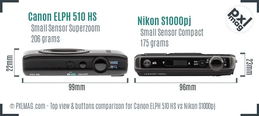 Canon ELPH 510 HS vs Nikon S1000pj top view buttons comparison Canon ELPH 510 HS vs Nikon S1000pj top view buttons comparison