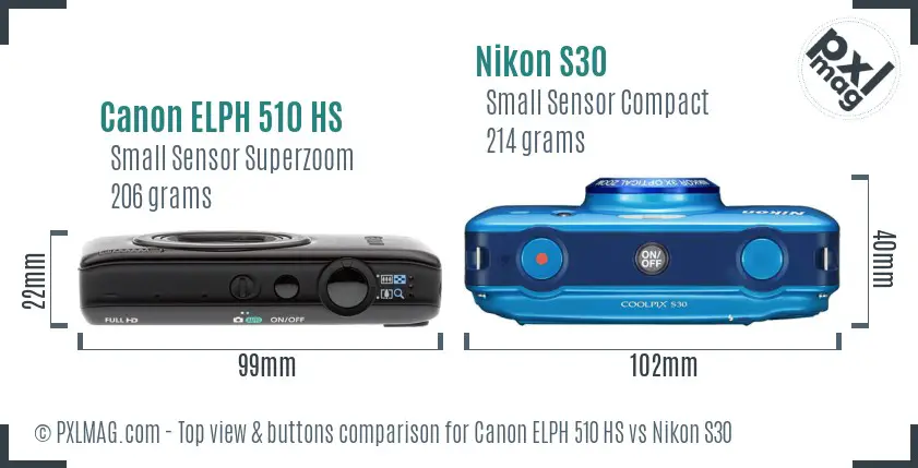 Canon ELPH 510 HS vs Nikon S30 top view buttons comparison