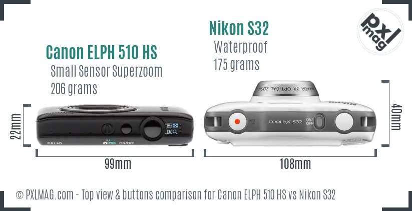 Canon ELPH 510 HS vs Nikon S32 top view buttons comparison