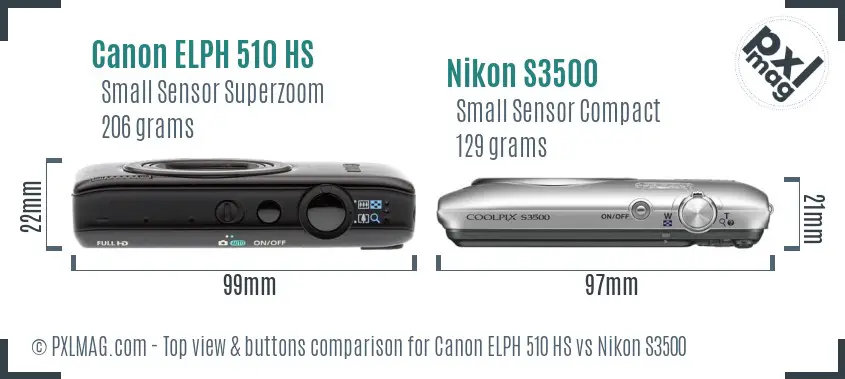Canon ELPH 510 HS vs Nikon S3500 top view buttons comparison