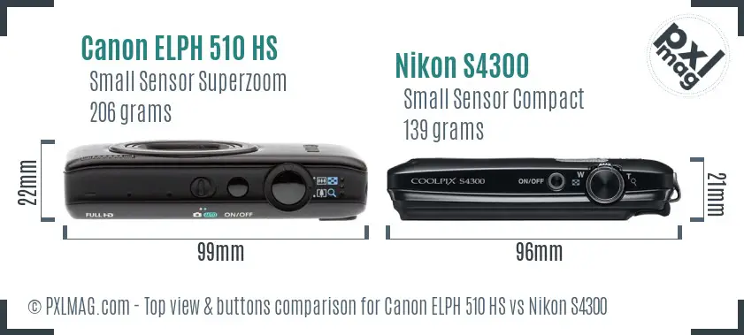 Canon ELPH 510 HS vs Nikon S4300 top view buttons comparison