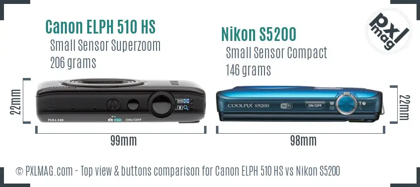Canon ELPH 510 HS vs Nikon S5200 top view buttons comparison