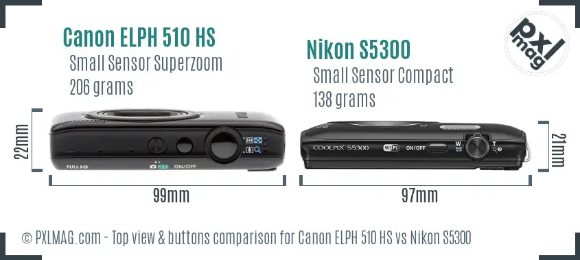 Canon ELPH 510 HS vs Nikon S5300 top view buttons comparison Canon ELPH 510 HS vs Nikon S5300 top view buttons comparison