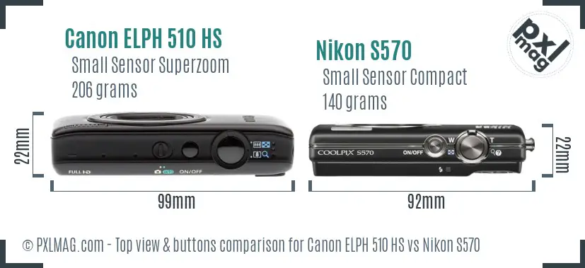 Canon ELPH 510 HS vs Nikon S570 top view buttons comparison