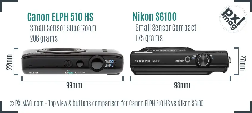 Canon ELPH 510 HS vs Nikon S6100 top view buttons comparison