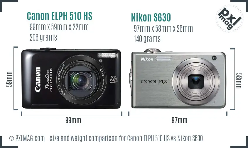 Canon ELPH 510 HS vs Nikon S630 size comparison