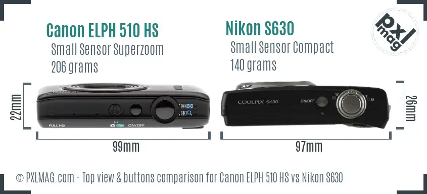 Canon ELPH 510 HS vs Nikon S630 top view buttons comparison