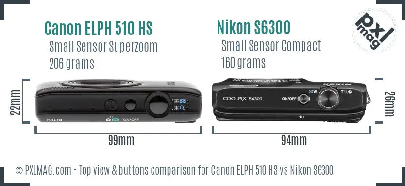 Canon ELPH 510 HS vs Nikon S6300 top view buttons comparison