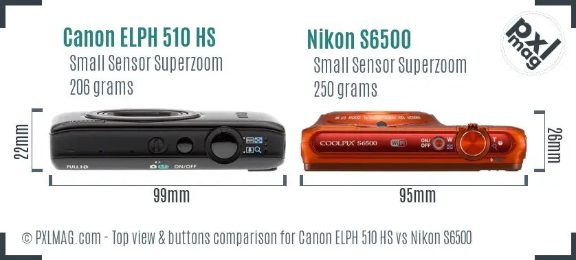 Canon ELPH 510 HS vs Nikon S6500 top view buttons comparison Canon ELPH 510 HS vs Nikon S6500 top view buttons comparison