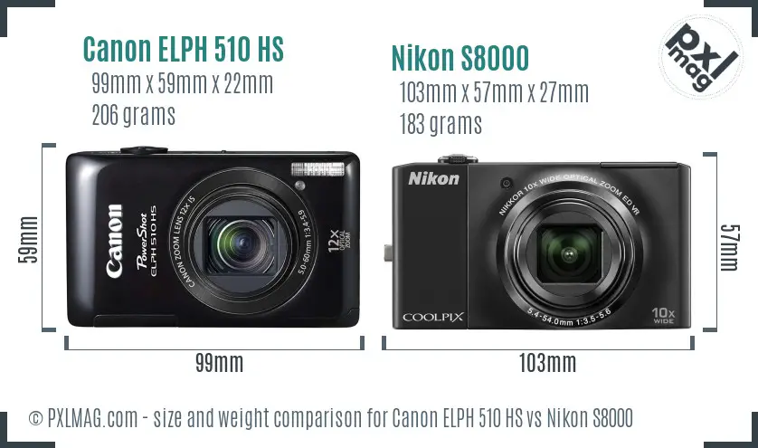 Canon ELPH 510 HS vs Nikon S8000 size comparison