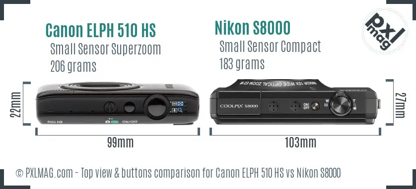 Canon ELPH 510 HS vs Nikon S8000 top view buttons comparison