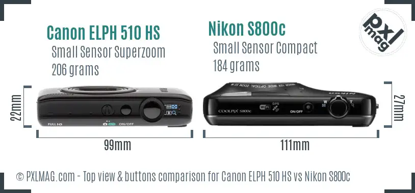 Canon ELPH 510 HS vs Nikon S800c top view buttons comparison