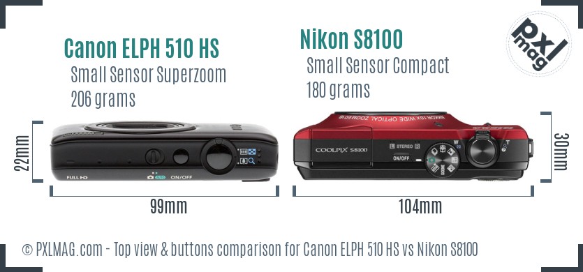 Canon ELPH 510 HS vs Nikon S8100 top view buttons comparison