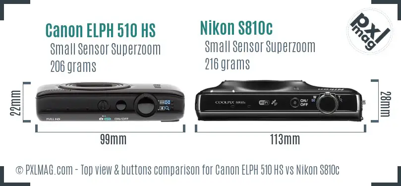 Canon ELPH 510 HS vs Nikon S810c top view buttons comparison Canon ELPH 510 HS vs Nikon S810c top view buttons comparison