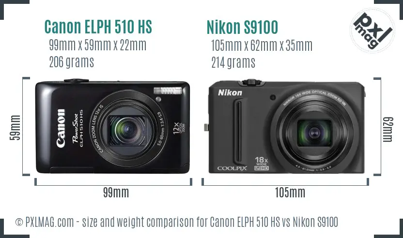 Canon ELPH 510 HS vs Nikon S9100 size comparison Canon ELPH 510 HS vs Nikon S9100 size comparison