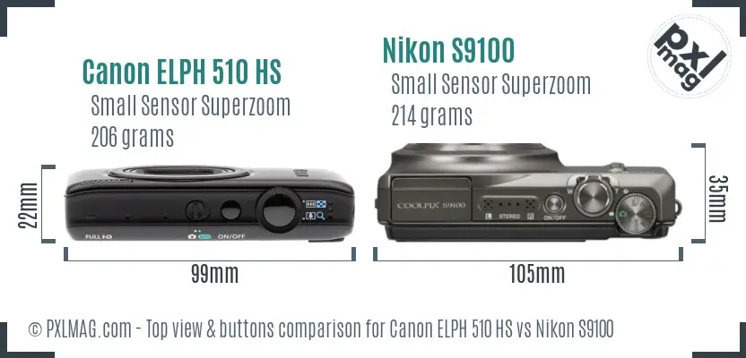Canon ELPH 510 HS vs Nikon S9100 top view buttons comparison Canon ELPH 510 HS vs Nikon S9100 top view buttons comparison