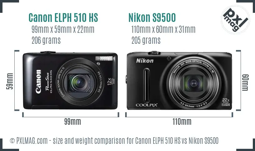 Canon ELPH 510 HS vs Nikon S9500 size comparison