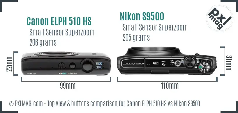 Canon ELPH 510 HS vs Nikon S9500 top view buttons comparison