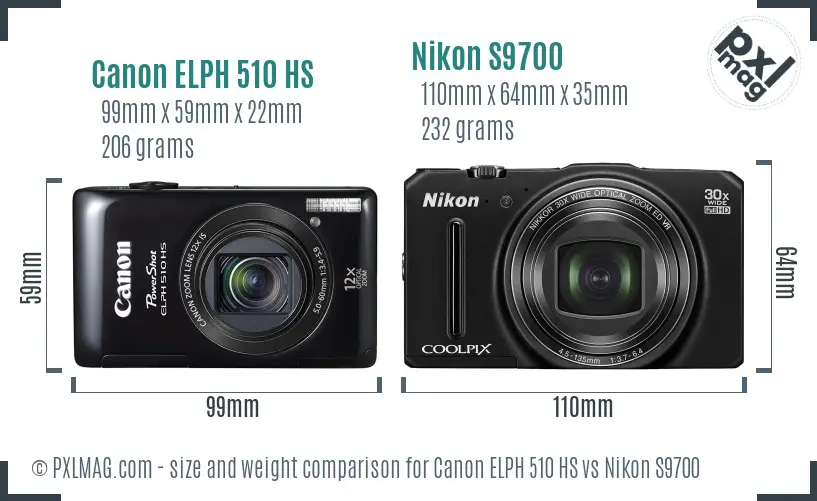 Canon ELPH 510 HS vs Nikon S9700 size comparison