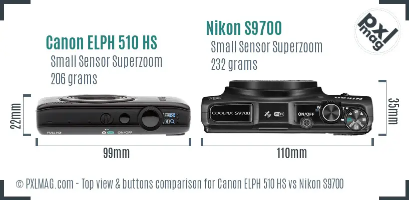 Canon ELPH 510 HS vs Nikon S9700 top view buttons comparison