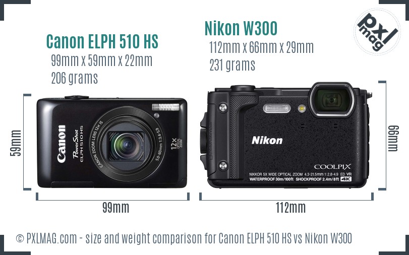 Canon ELPH 510 HS vs Nikon W300 size comparison