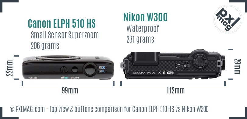 Canon ELPH 510 HS vs Nikon W300 top view buttons comparison