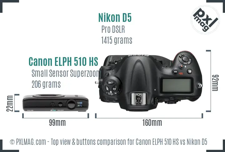 Canon ELPH 510 HS vs Nikon D5 top view buttons comparison