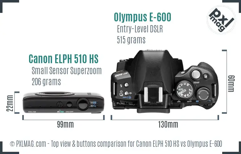 Canon ELPH 510 HS vs Olympus E-600 top view buttons comparison