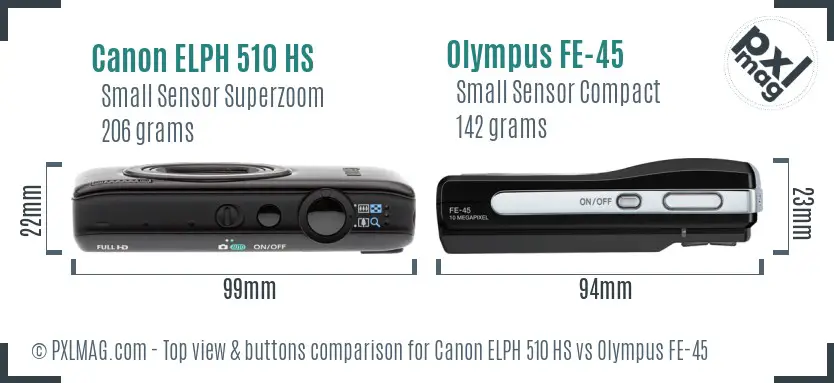 Canon ELPH 510 HS vs Olympus FE-45 top view buttons comparison Canon ELPH 510 HS vs Olympus FE-45 top view buttons comparison
