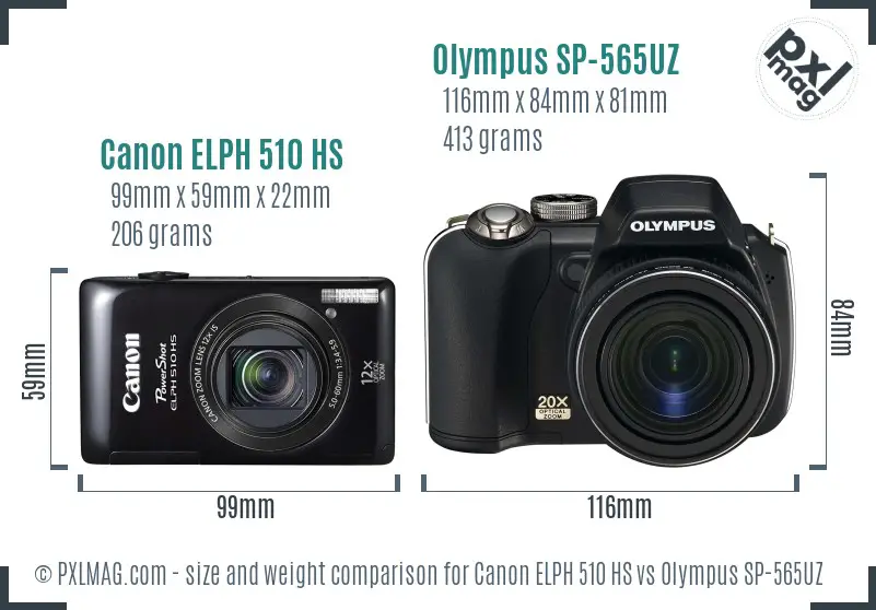 Canon ELPH 510 HS vs Olympus SP-565UZ size comparison Canon ELPH 510 HS vs Olympus SP-565UZ size comparison