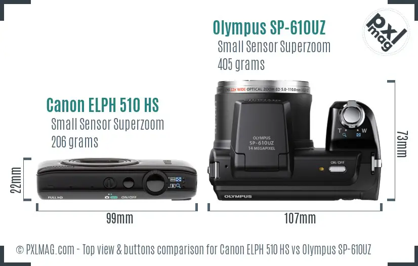 Canon ELPH 510 HS vs Olympus SP-610UZ top view buttons comparison