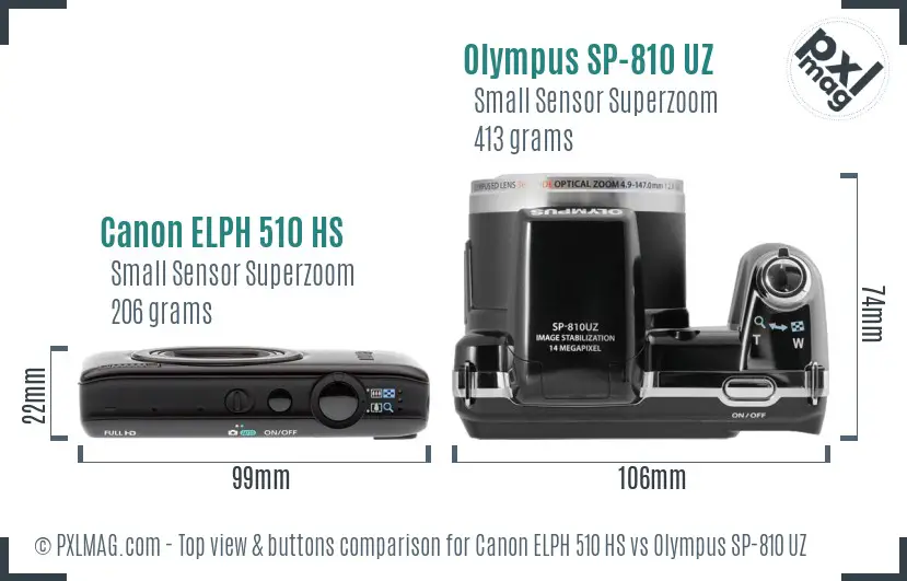 Canon ELPH 510 HS vs Olympus SP-810 UZ top view buttons comparison Canon ELPH 510 HS vs Olympus SP-810 UZ top view buttons comparison