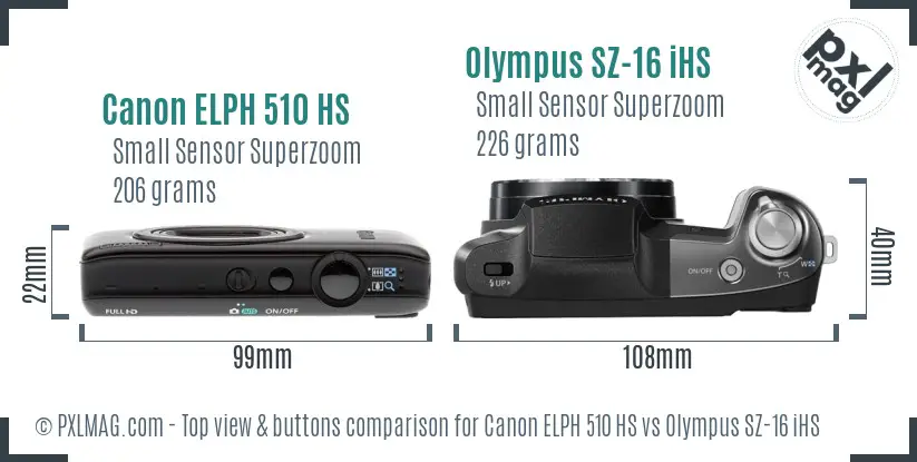 Canon ELPH 510 HS vs Olympus SZ-16 iHS top view buttons comparison