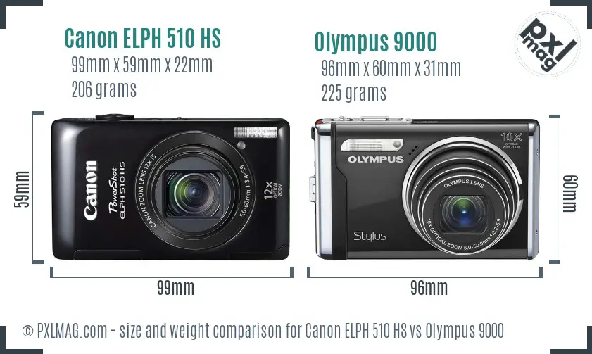 Canon ELPH 510 HS vs Olympus 9000 size comparison