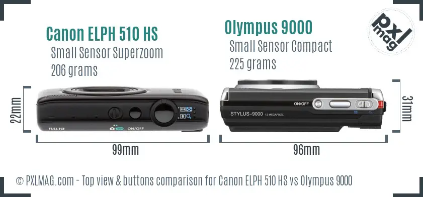 Canon ELPH 510 HS vs Olympus 9000 top view buttons comparison