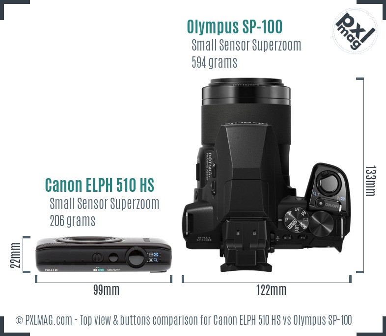 Canon ELPH 510 HS vs Olympus SP-100 top view buttons comparison