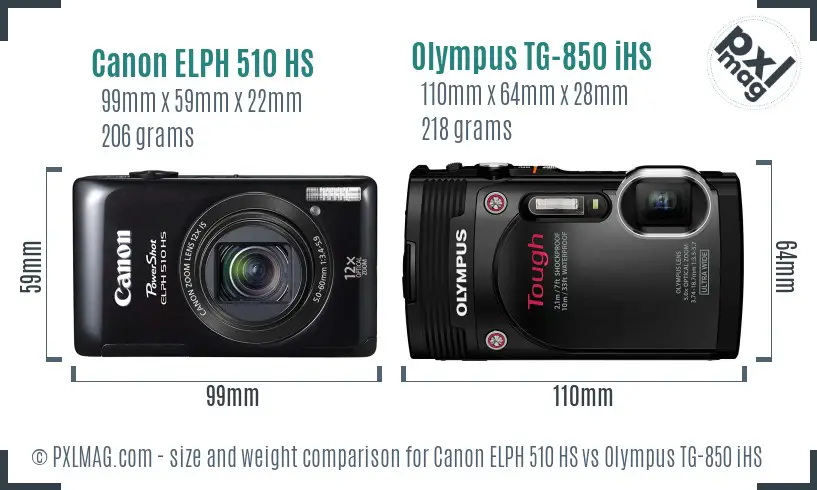 Canon ELPH 510 HS vs Olympus TG-850 iHS size comparison