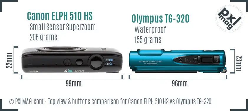 Canon ELPH 510 HS vs Olympus TG-320 top view buttons comparison Canon ELPH 510 HS vs Olympus TG-320 top view buttons comparison