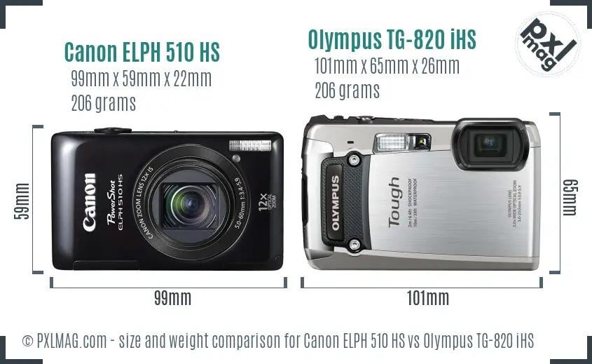 Canon ELPH 510 HS vs Olympus TG-820 iHS size comparison