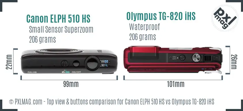 Canon ELPH 510 HS vs Olympus TG-820 iHS top view buttons comparison