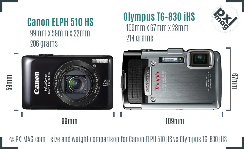 Canon ELPH 510 HS vs Olympus TG-830 iHS size comparison