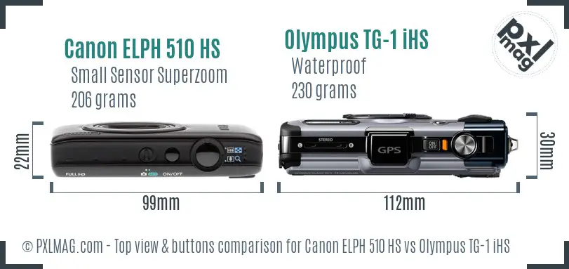 Canon ELPH 510 HS vs Olympus TG-1 iHS top view buttons comparison